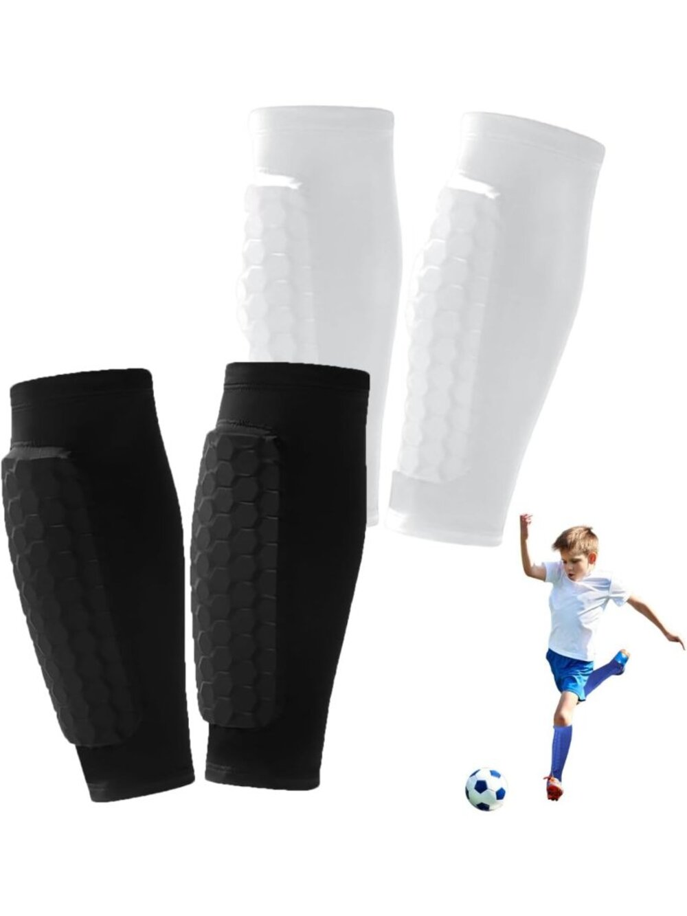 Youth & Adult Soccer Shin Guards - 2 Pairs with Honeycomb Padding for Protection